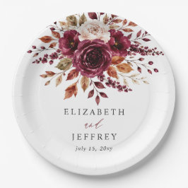 Plato De Papel Elegante Boda Floral Otoño Burgundy Boho
