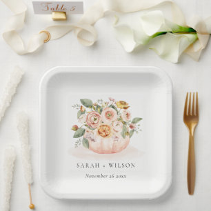 Plato De Papel Elegante Boda floral Rubor de calabaza blanca rosa