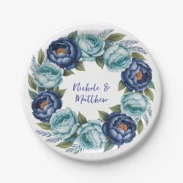 Plato De Papel Elegante Boda Floral Turquesa Azul