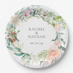 Plato De Papel Elegante Boda Floral Verde Acuarela
