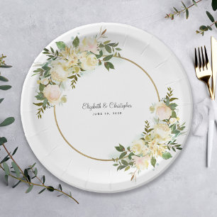 Plato De Papel Elegante Boda Floral Watercolor Dorado Fiesta Blan