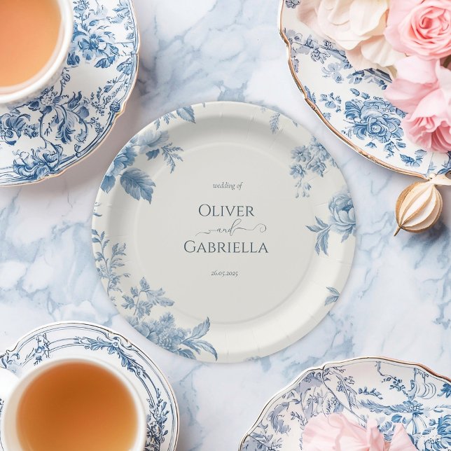 Plato De Papel Elegante Boda francés de tela azul floral (Subido por el creador)