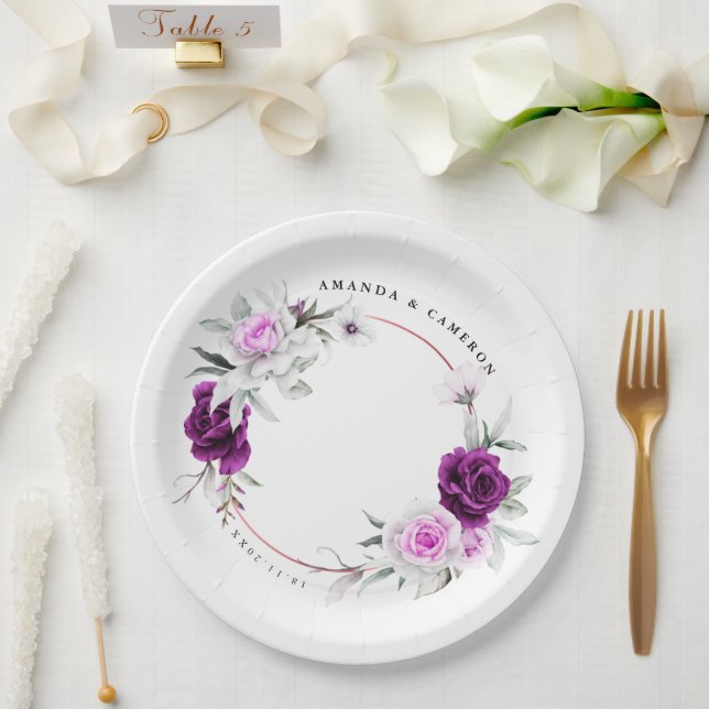 Plato De Papel Elegante Boda Geométrico Rústico Morado Rubor (Boda)