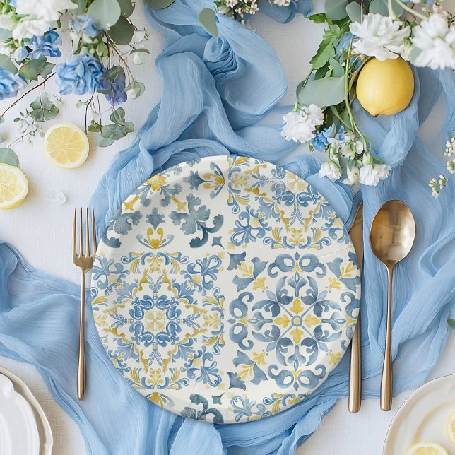 Plato De Papel Elegante Boda italiano de limón azul en mosaico (Subido por el creador)