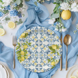 Plato De Papel Elegante Boda italiano de limón azul en mosaico