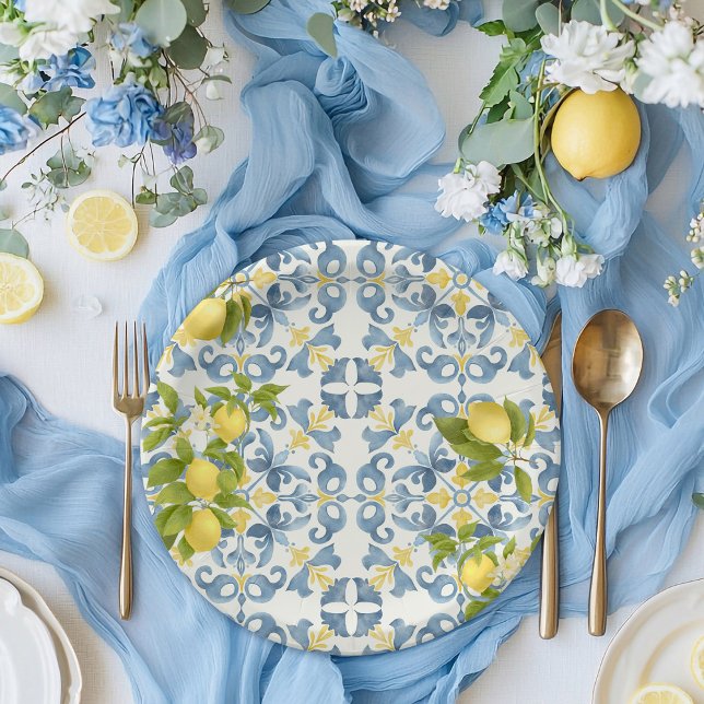 Plato De Papel Elegante Boda italiano de limón azul en mosaico (Subido por el creador)