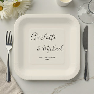 Plato De Papel Elegante Boda Minimalista con Letra Blanca Natural
