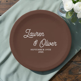 Plato De Papel Elegante Boda Minimalista con Letra Brown