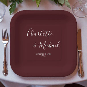 Plato De Papel Elegante Boda Minimalista con Letra Script de Colo