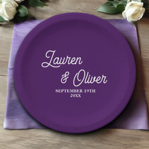 Plato De Papel Elegante Boda Minimalista de guion morado