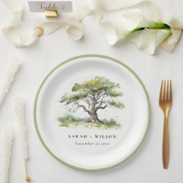 Plato De Papel Elegante Boda minimalista de roble de color verde