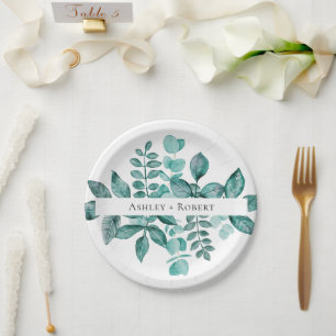 Plato De Papel Elegante Boda moderno de color verde Verde azulado