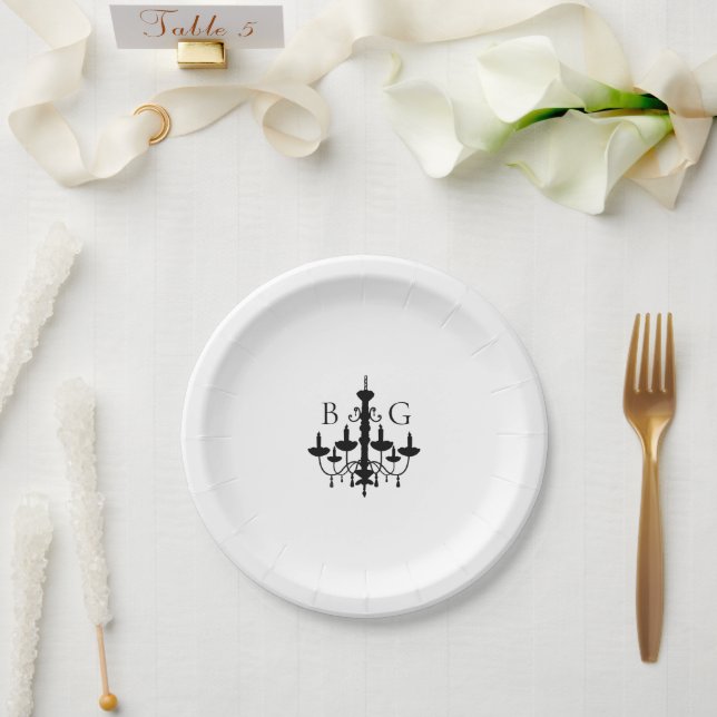 Plato De Papel Elegante Boda Monograma de la lámpara de araña bla (Boda)