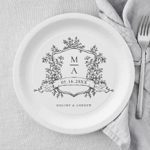 Plato De Papel Elegante Boda Monograma Escudo blanco y negro