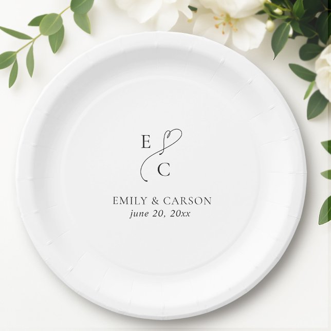 Plato De Papel Elegante Boda Monograma Iniciales Placa de papel (Elegant Wedding Monogram Logo Initials Paper Plate)