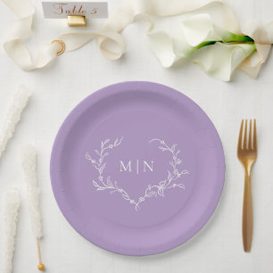Plato De Papel Elegante Boda morado Monograma Wreath