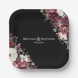Plato De Papel Elegante Boda negro con flores de Borgoña