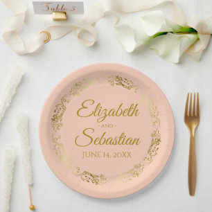 Plato De Papel Elegante Boda Ornate Border Coral Peach y Gold