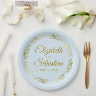 Plato De Papel Elegante Boda Ornate Border Light Blue & Gold