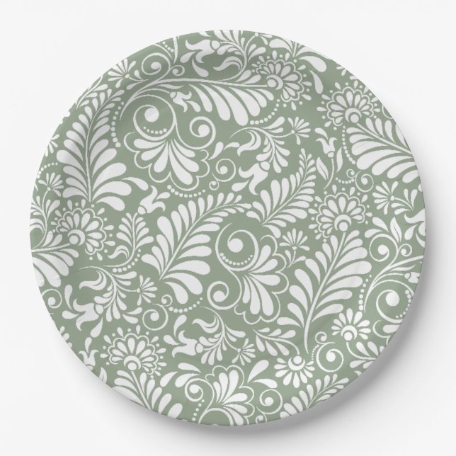 Plato De Papel Elegante Boda Ornate Swirl Sage Green Floral (Anverso)