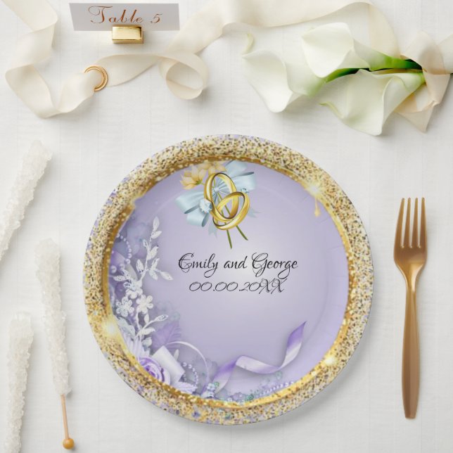 Plato De Papel Elegante Boda personalizable Gold Purple (Boda)