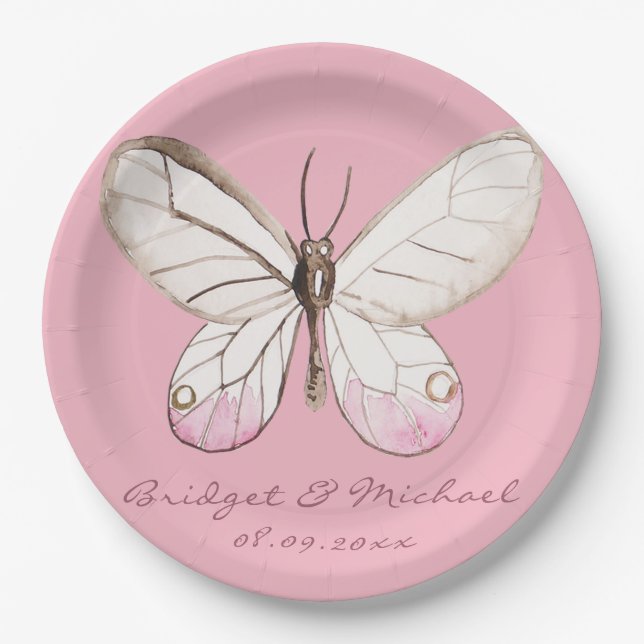 Plato De Papel Elegante Boda personalizado de mariposa rosa (Anverso)