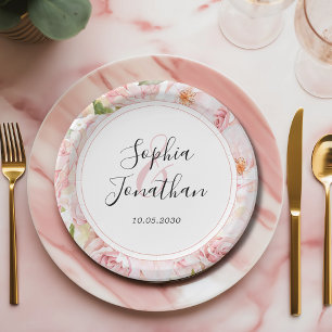 Plato De Papel Elegante Boda personalizado de rosas rosadas