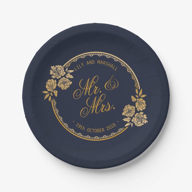 Plato De Papel Elegante Boda personalizado Gold| Placa de papel (Anverso)