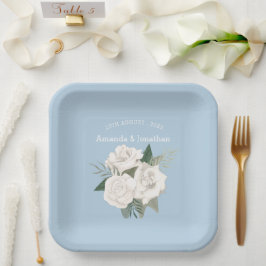Plato De Papel Elegante Boda Polvo Azul y Rosas Blancas