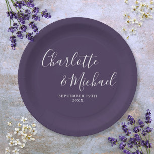 Plato De Papel Elegante Boda Purple de manuscrito de firma