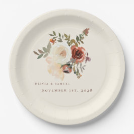 Plato De Papel Elegante Boda Rojo Floral de Caída Romántica
