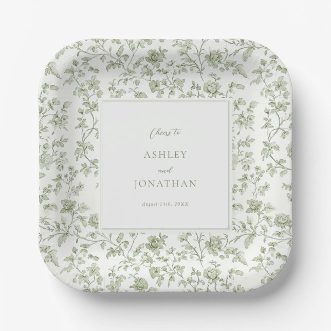 Plato De Papel Elegante Boda Sage Chinoiserie (Anverso)