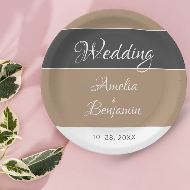 Plato De Papel Elegante Boda sencillo de escritura gris beige (Subido por el creador)