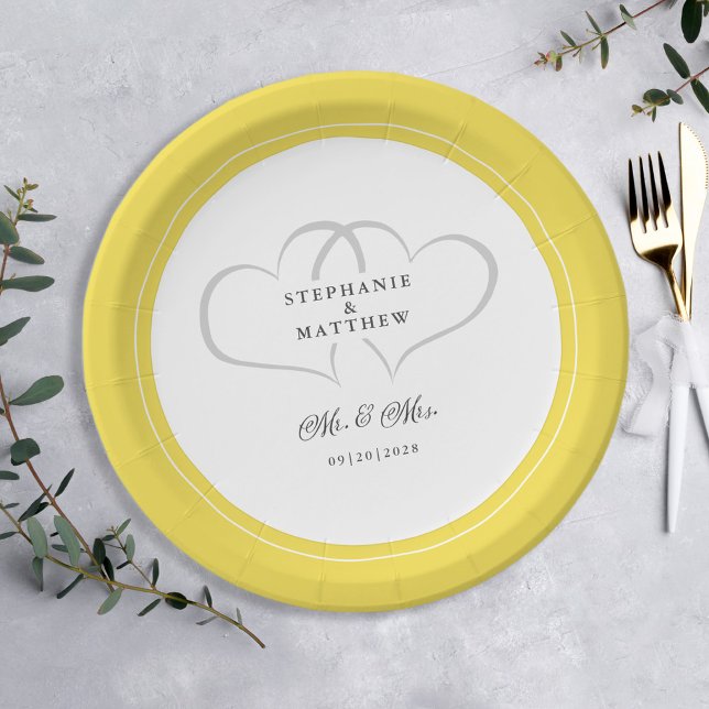 Plato De Papel Elegante Boda Sr. y Sra. Corazón Blanco Amarillo (Elegant Wedding Mr & Mrs Yellow Gray White Hearts Guest Dinner Paper Plates)