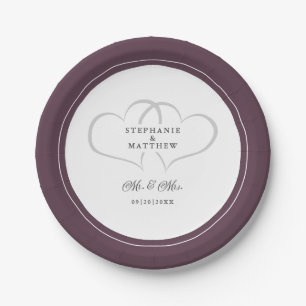 Plato De Papel Elegante Boda Sr. y Sra. Purple Romantic Hearts