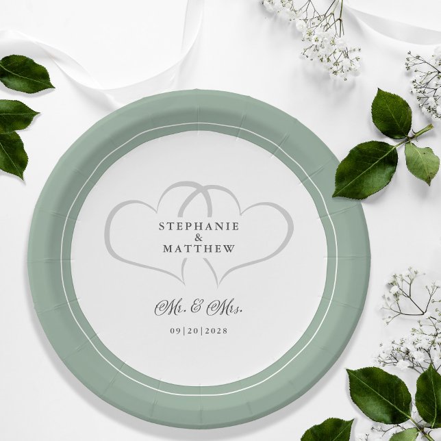 Plato De Papel Elegante Boda Sr. y Sra. Rustic Sage Green Hearts (Elegant Wedding Mr & Mrs Rustic Sage Green Romantic Hearts Guest Reception Dinner Paper Plates)