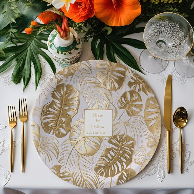 Plato De Papel Elegante Boda Tropical Monstera Gilded Gold (Subido por el creador)