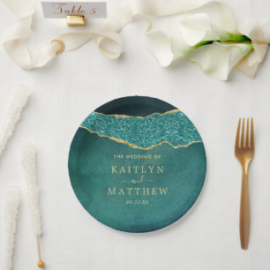 Plato De Papel Elegante Boda Turquesa & Gold Agate
