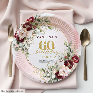 Plato De Papel Elegante Boho Borgoña Dorado Floral 60 Cumpleaños
