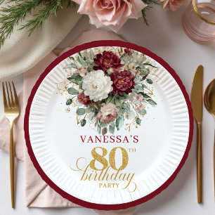 Plato De Papel Elegante Boho Marsala Floral Cumpleaños 80 Papel