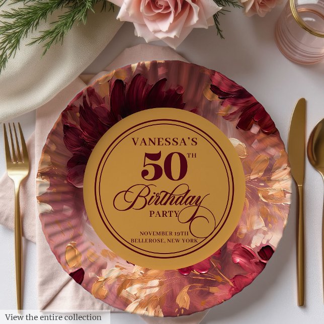 Plato De Papel Elegante Boho Merlot Rubor Gold 50 cumpleaños (Stylish Boho Merlot Blush Gold 50th Birthday Paper Plates)