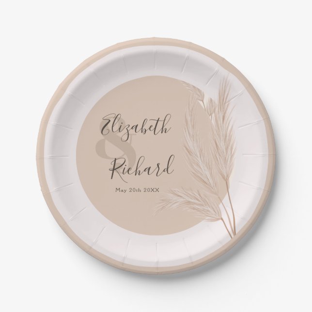 Plato De Papel Elegante Boho Pampas Grass Boda moderno (Anverso)