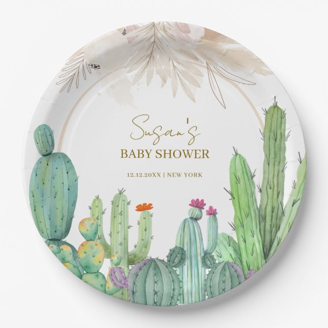 Plato De Papel Elegante Boho Western Cactus Arch Baby Shower (Anverso)
