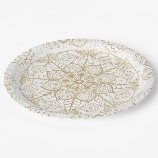 Plato De Papel Elegante Boho White Gold Mandala Floral (Angular)