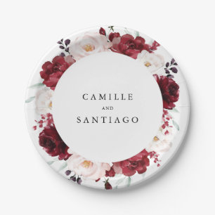 Plato De Papel Elegante Borgoña y Boda floral rosa Rubor