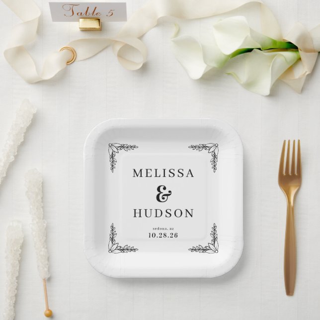 Plato De Papel Elegante Botánica Negra (Boda)