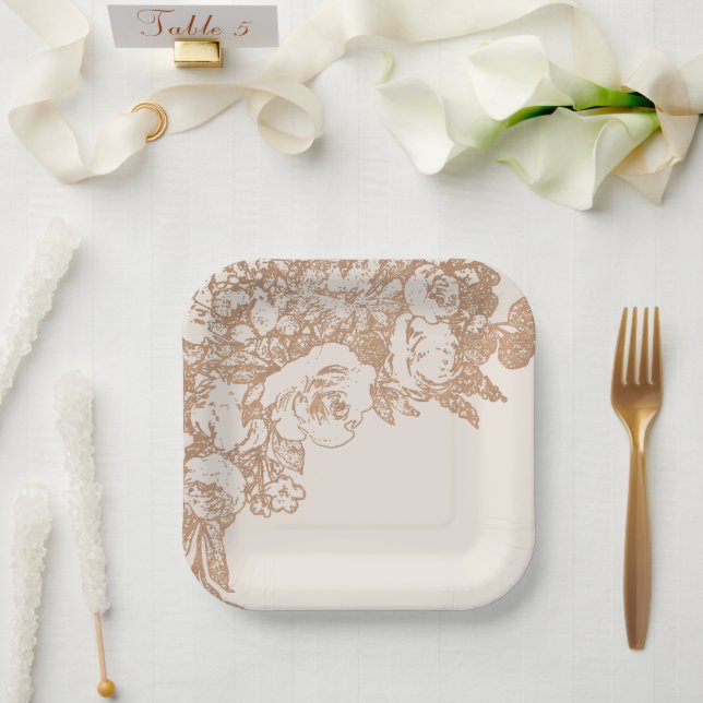 Plato De Papel Elegante botánico | Floral de oro de Rosa de cobre (Boda)