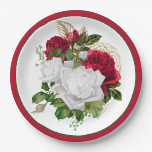 Plato De Papel Elegante Bouquet de Rosas Blancas Rojas