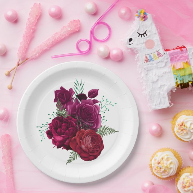 Plato De Papel Elegante Bouquet Magenta Rosa Floral (Fiesta)