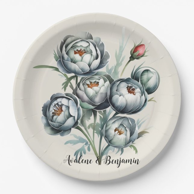 Plato De Papel Elegante Bouquet verde y gris (Anverso)